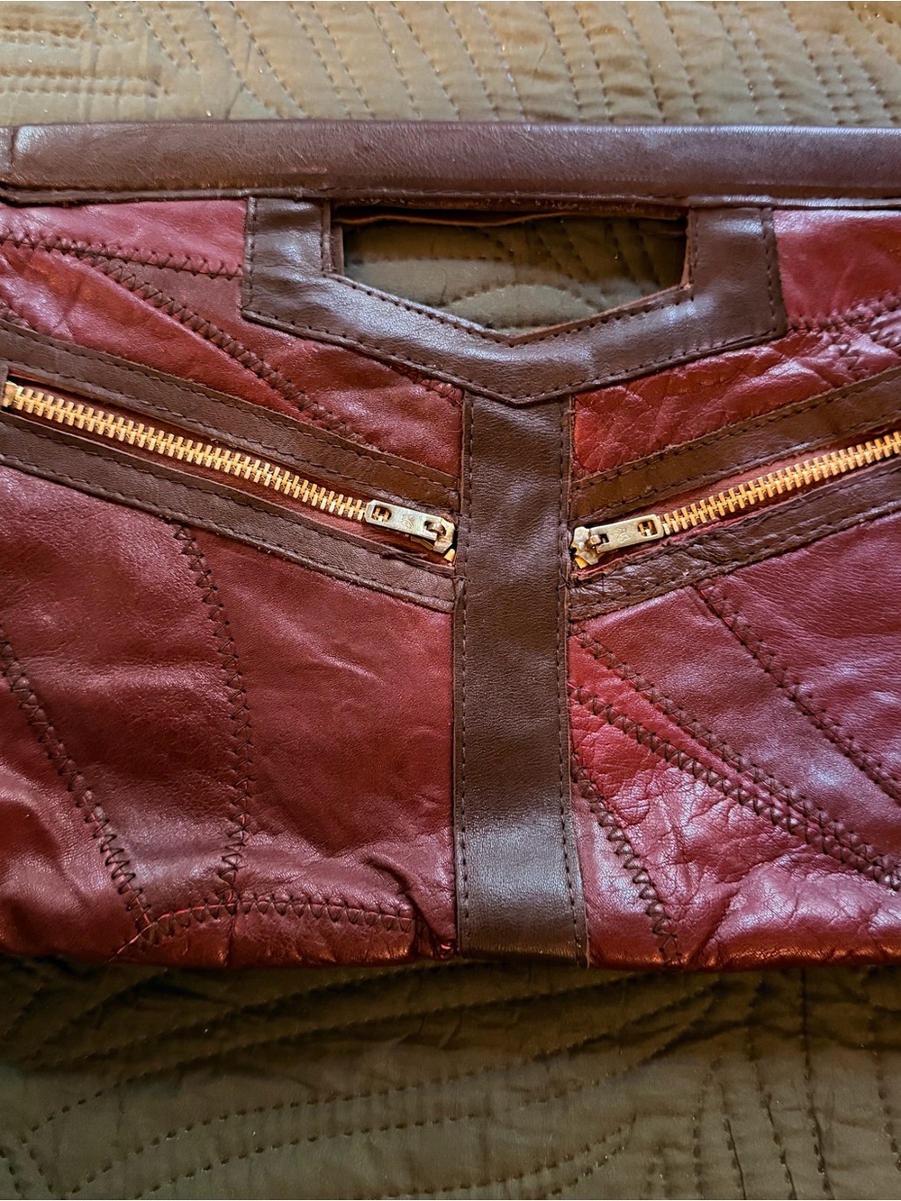 Leather Zip-Accent  Clutch Bag in Burgundy and Brown